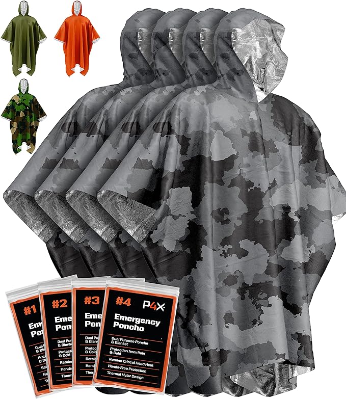 PREPARED4X Emergency Poncho and Mylar Blanket Liner - Waterproof, Wind-Resistant Outdoor Rain Poncho for Camping, Emergencies