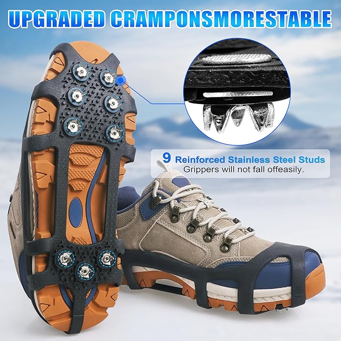 Ice Cleats for Shoes and Boots Snow Traction Cleats Crampons for Walking on Snow and Ice 9 Studs Non-Slip Overshoe Rubber Anti Slip Crampons Slip-on Stretch Footwear Winter Hiking Climbing Ice Fishing