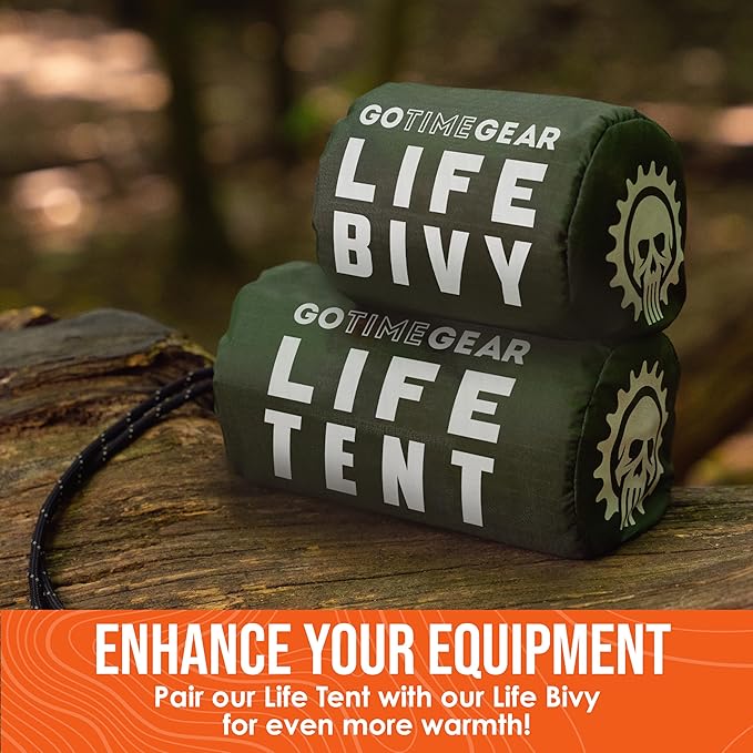 Go Time Gear Survival Life Tent • 2 Person Mylar Emergency Shelter Tube Tent + Paracord • All-Weather Protection for Camping, Hiking, & Survival Kits • Includes Emergency Whistle
