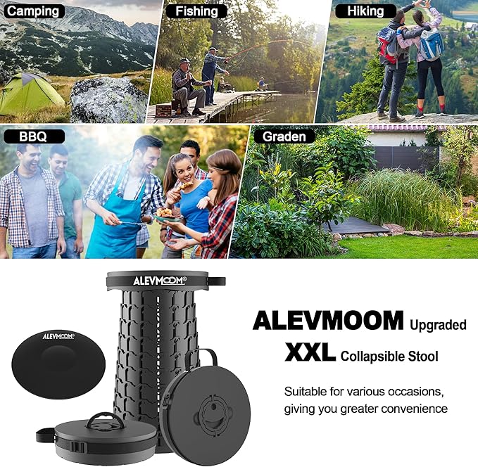 ALEVMOOM Upgraded 19.7" Portable Telescoping Stool,XXL Collapsible Stool with Cushion,Capacity 1000lbs Heavy Duty Retractable Folding Chair for Adults for Camping Fishing Hiking BBQ