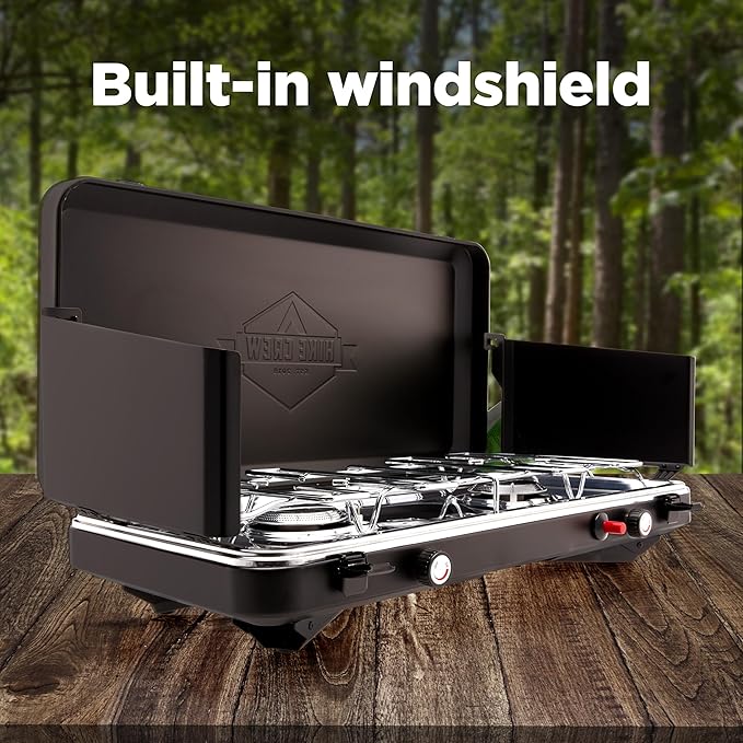 Hike Crew Gas Camping Stove | 20,000 BTU 2 Burner Propane Portable Stovetop | Foldable Legs | Integrated Igniter & Included Regulator | Wind Panels & Built-in Carrying Handle