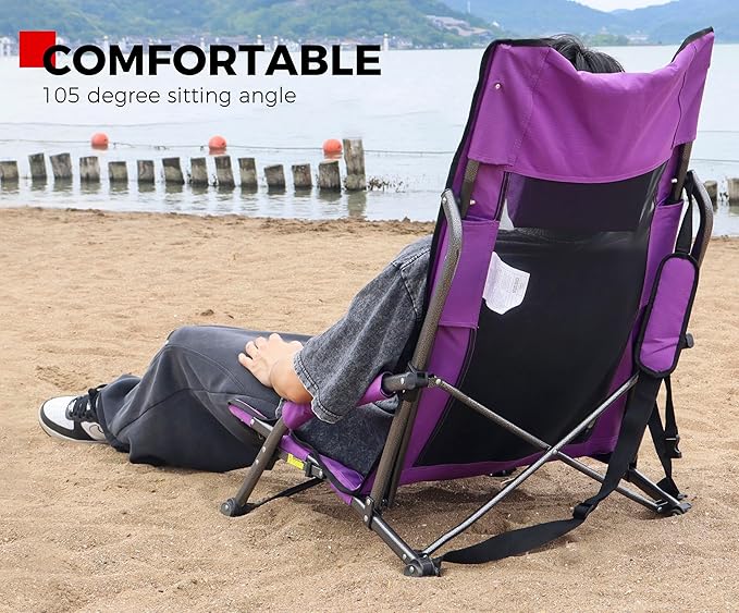 SPORT BEATS Low Beach Chairs Set of 2 Folding Beach Chairs High Back Support with Head Pillows Shoulder Straps