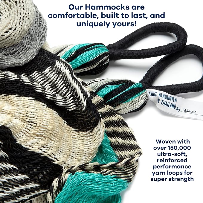 Handwoven Hammock by Yellow Leaf Hammocks - Double Size, Fits 1-2 PPL, 400lb max - Weathersafe, Super Strong, Easy to Hang, Ultra Soft, Artisan Made - Color: Turquoise - Black -White