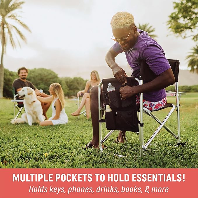 PICNIC TIME Sports Chair with Side Table, Outdoor Foldable Padded Adult Camping Chairs with Cup and Accessory Panel for Lawn, Beach, & Sports Use for Adults, up to 300-lbs Capacity, (Black)