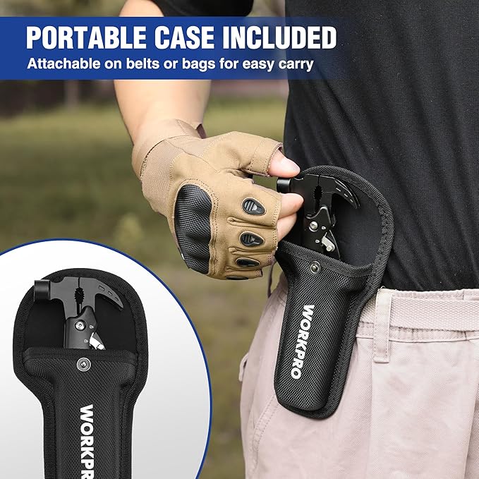 WORKPRO Multitool-12 in 1 Camping Tools with Mini Hammer-EDC Gear Multi Tools Hammer with Safety Lock and Pouch-Mini Multitools Gifts for Men and Women