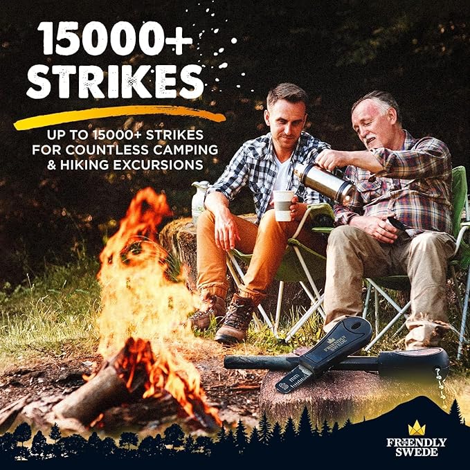 The Friendly Swede Ferro Rod Fire Starter Tool 2-Pack — Flint and Steel Fire Starter Survival Tool with Long Ferro Rod; Weatherproof Firestarter for Camping, Hiking & BBQs; Ergonomic Handle; Easy Grip