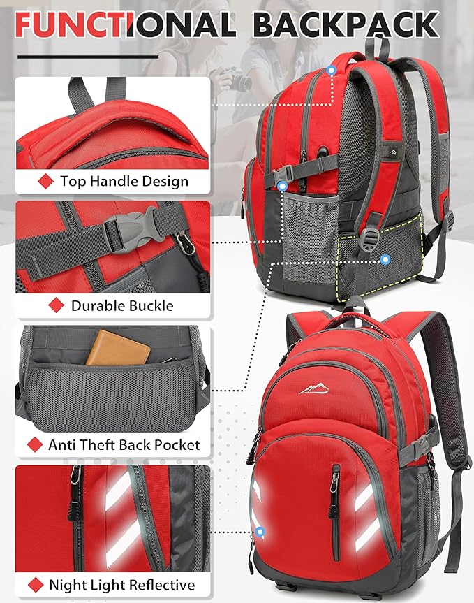 ProEtrade Extra Large Backpack Bookbag for College Laptop Travel, Fit Laptop Up to 17 inch with USB Charging Port Multi Compartment Anti theft, Gift for Women Men (Light Red)