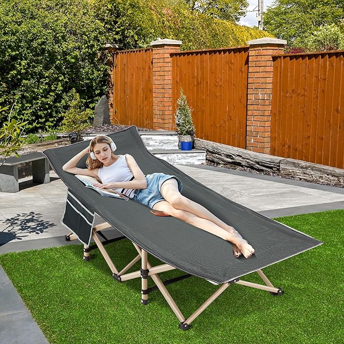 Folding Camping Cot for Sleeping, Portable Cots for Adults, Heavy Duty Cot Bed 550LBS(Max Load), Extra Wider Cots with Large Pocket for Outdoor, Office, Beach