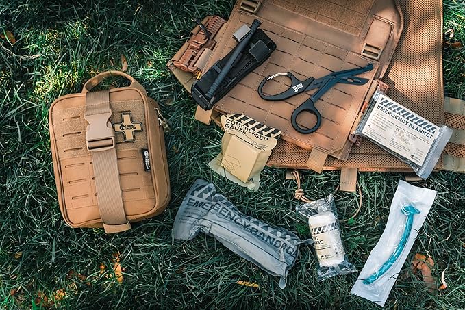 RHINO RESCUE IFAK Trauma Kit with C-A-T Tourniquet, Tactical First Aid Kit Molle Pouch for Military, Combat, Car, Camping, Hiking, Travel (Coyote Brown)