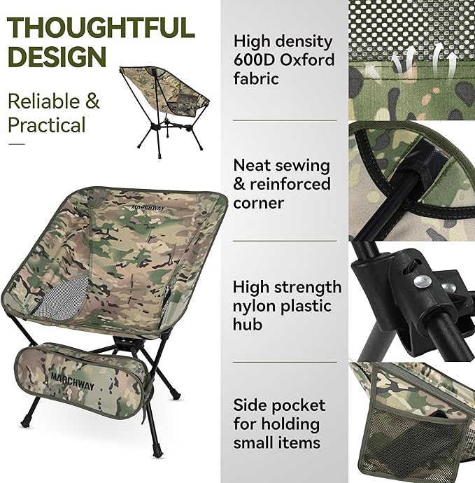 MARCHWAY Lightweight Folding Camping Chair with Spring Lock, Stable Compact Portable for Outdoor Camp, Travel, Beach, Picnic, Festival, Hiking, Backpacking (Lowback Camo)