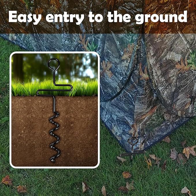RunNico 4 Pcs Blinds and Tarps Auger Stakes-13 Inch Steel Hunting Blind Stakes-Heavy Duty Forged Steel Tent Stakes for Ground Blinds Tent Camping and Tarps, Black, RN-Hunting-Tent-Stakes-4pcs