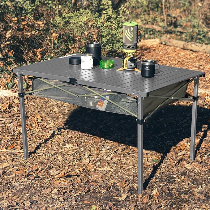 OUTSIDER Folding Camping Table, Portable Roll-up Outdoor Lightweight Aluminum Camp Table for Picnic BBQ Backyards Beach, Large Storage Mesh Pocket and Carrying Bag Included