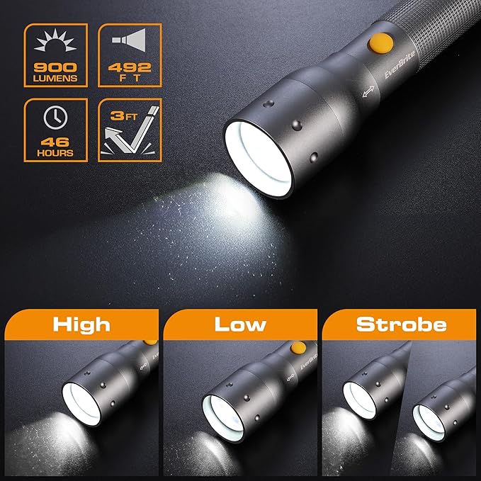 EverBrite Ultra Bright Tactical Flashlight, 900 Lumen Zoomable Adjustable Focus, 3 Light Modes, Heavy-Duty Aluminum Torch for Hurricane Supplies Camping, Includes 3C Alkaline Batteries-Gray