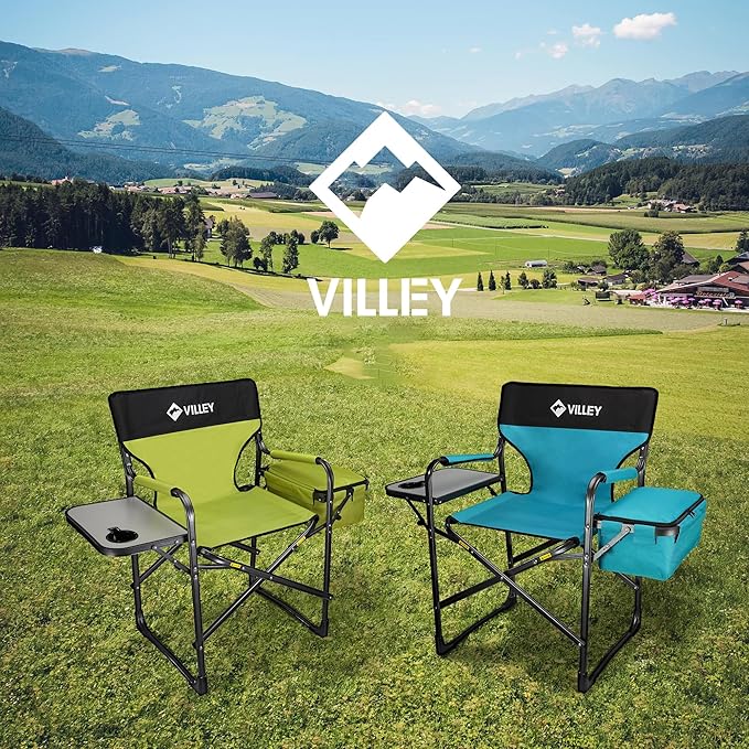 VILLEY Heavy Duty Directors Chair, Folding Camping Chairs, with Cooler Bag Portable Foldable Chair, for Camp Tailgating Lawn Picnic Fishing Beach, Supports 400 LBS, Green