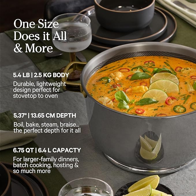 Our Place Titanium Perfect Pot Pro - 6.75 Qt No-Coating Nonstick Stock Pot | Tri-Ply Titanium & Stainless Steel | Oven-Safe up to 750°F & Compatible with All Cooktops | Includes Spoon | Gold
