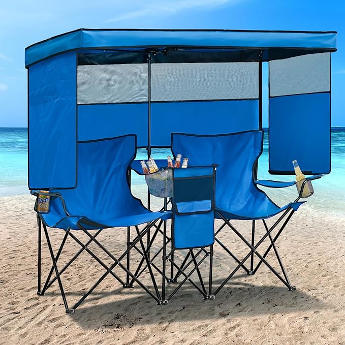 Double Beach Chair with Canopy Shade Heavy Duty Camping Chairs with Cup Holder Folding Loveseat for Outside Lawn