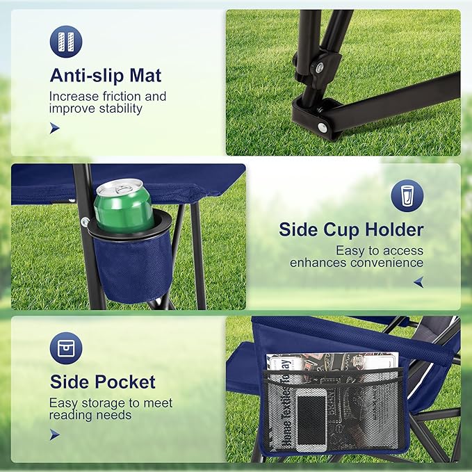 LET'S CAMP Oversized Camping Chairs 29.52" High Back Heavy Duty Lawn Chair Support 500LBS, Portable Collapsible Chair with Cup Holder, Side Pocket,2 Pack(Blue)