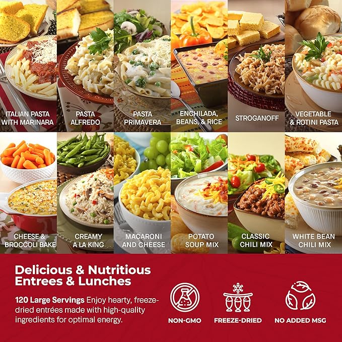 Legacy Food Storage 120 Serving Emergency Food Supply Bucket, 16 Entrees, 48,640 Total Calories, Shelf Stable Breakfast Lunch & Dinner, Freeze Dried Survival Meals for MRE Camping, Hiking, Prepping