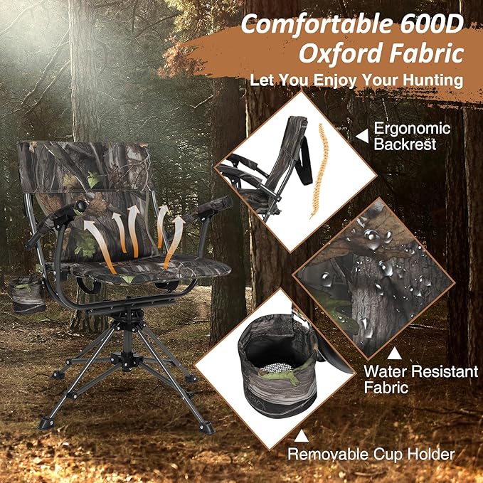 REDCAMP 360° Swivel Hunting Chairs for Ground Blinds, Portable Folding Camo Camping Chairs for Adults Hunting Seats with Hard Arms for Fishing Camping
