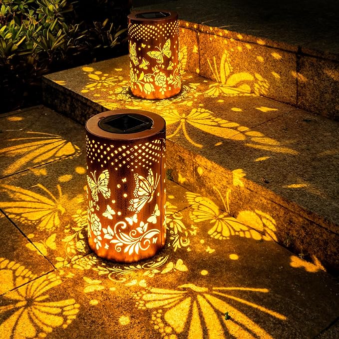 Boho Solar Lanterns Outdoor 2 Pack - Birthday Gifts for Women Mom Grandma Metal Hanging Solar Powered Unique Garden Decorative LED Lights for Outside Yard Patio Lawn Porch Decor(Butterfly)