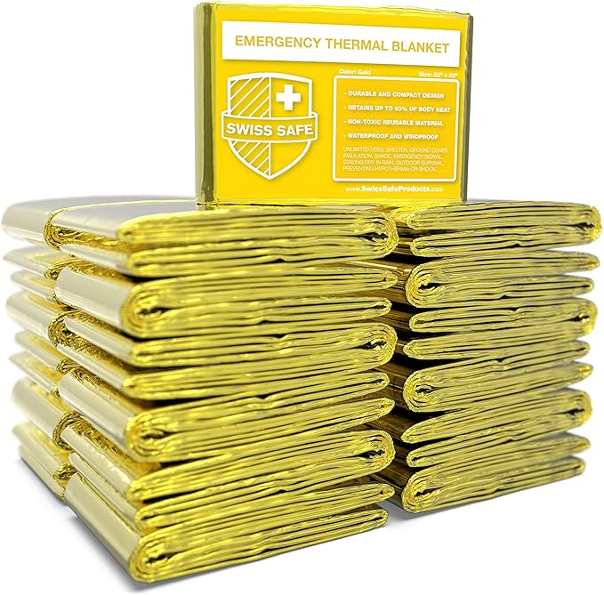 Swiss Safe 25 Pack Mylar Emergency Blankets for Survival - Compact & Insulated for Cold Weather - Designed for NASA, Outdoor, Running, Camping, Survival, First Aid Car Kit - Gold, 25 Pack