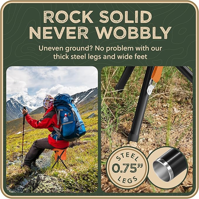 Foldable Tripod 13.4'' Stool - Ultra Portable Seat, Best for Youth+Pocket - 1 lb Camping Stool, 3 Legged Strong Steel Stool, Height: 13.4 inches (Orange)