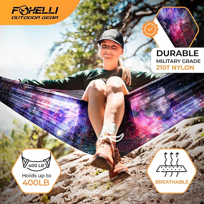 Foxelli Camping Hammock - Lightweight Portable Hammock, Easy Setup with Tree-Friendly Ropes & Steel Carabiners, Heavy Duty Parachute Nylon for Indoors and Outdoors