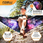 Foxelli Camping Hammock - Lightweight Portable Hammock, Easy Setup with Tree-Friendly Ropes & Steel Carabiners, Heavy Duty Parachute Nylon for Indoors and Outdoors