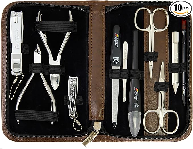 3 Swords Germany - brand quality 10 piece manicure pedicure grooming kit set for nail care scissors clipper brown synthetic leather case - Made by 3 Swords
