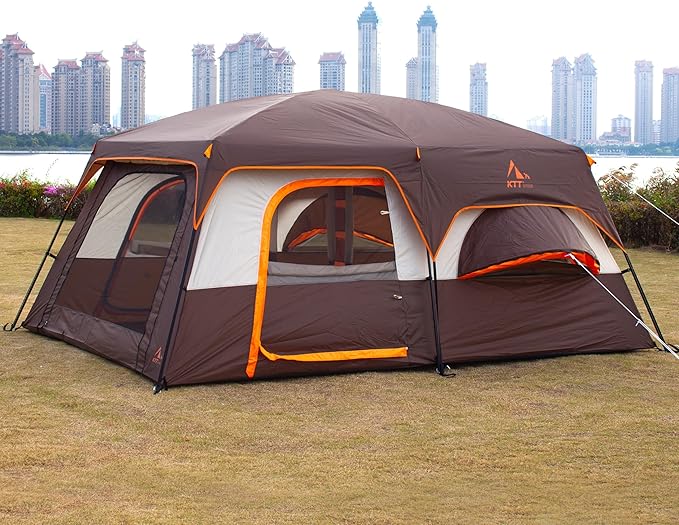 KTT Large Family Cabin Tent 10-12 Person,14.1X10X6.58ft,2 Rooms,3 Storage Pockets,2 Bay-Windows 3 Doors and 3 Windows with Mesh,Straight Wall,Waterproof,Double Layer,Big Tent for Outdoor,Camping