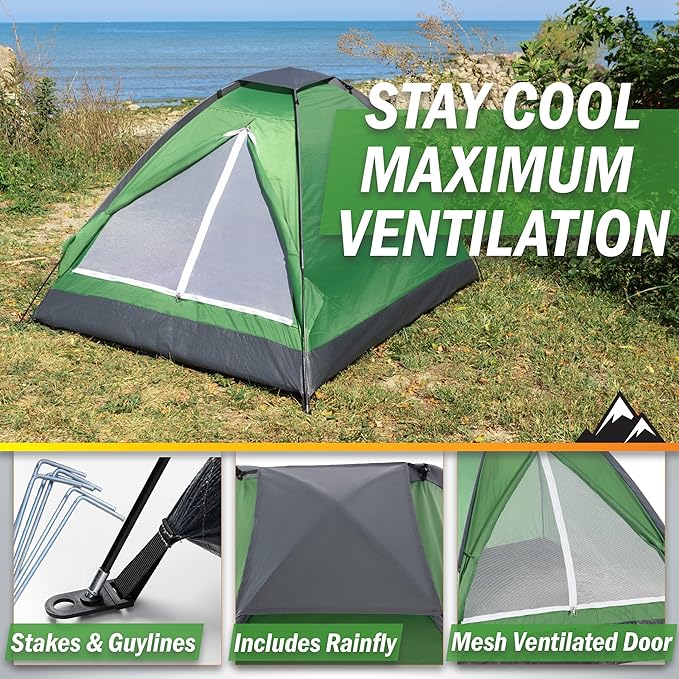 2 Person Outdoors Camping Tent with Rain Fly and Carrying Bag - Lightweight Outdoor Pop Up Tents for Camping Essentials, Music Festivals, Backpacking, Hiking, or Beach Shelter by Wakeman Outdoors