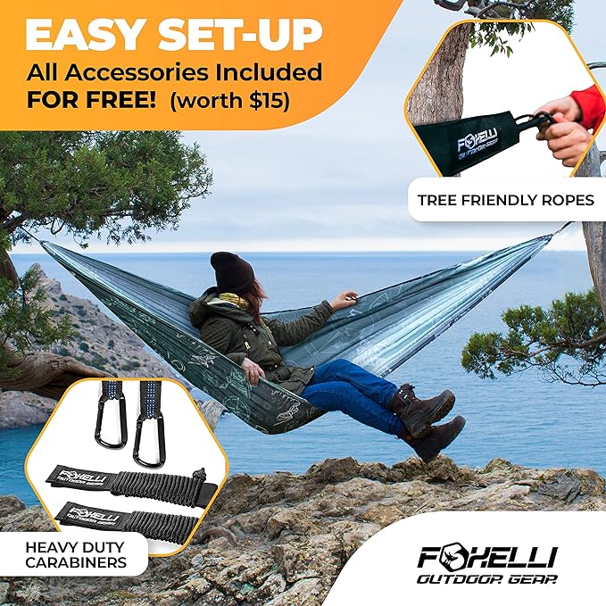 Foxelli Camping Hammock - Lightweight Portable Hammock, Easy Setup with Tree-Friendly Ropes & Steel Carabiners, Heavy Duty Parachute Nylon for Indoors and Outdoors