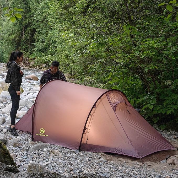 Backpacking Ultralight 2Person Tunnel Tent, 2.89lbs, Double Silicone-Coated Fabric, Compact 3-Season Tent – Wine Brown