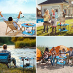 VILLEY Folding Camping Table, Lightweight Double-Layer Round Table with 4 Cup Holders and Carry Bag, Portable Beach Table for Camp, Travel, Fishing, Outdoor Activities, Blue