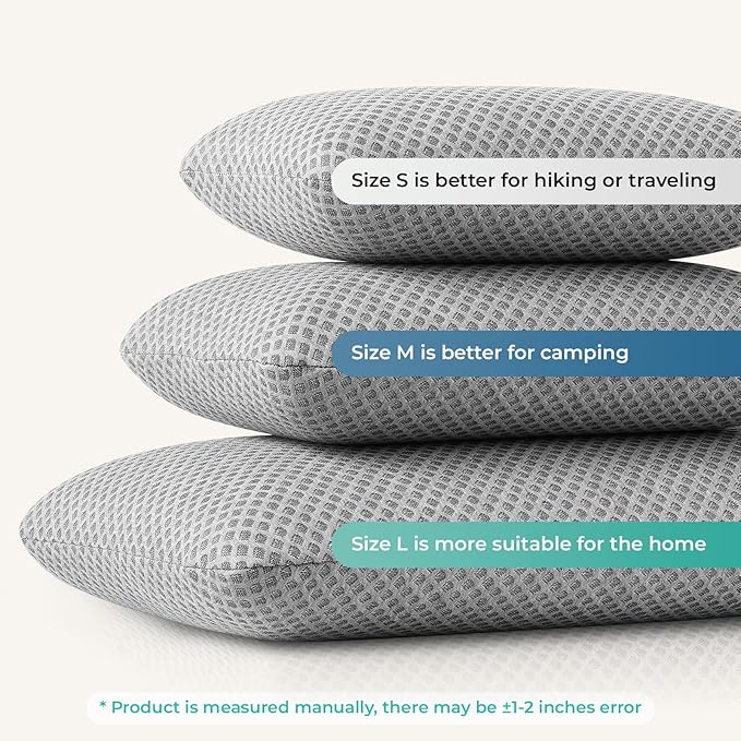 Travel Pillow Memory Foam Pillows, Camping Pillow-Compressible Medium Firm, Breathable Cover, Ideal Backpacking Hiking, Bed Pillows, Airplane and Car (Light Grey, S)
