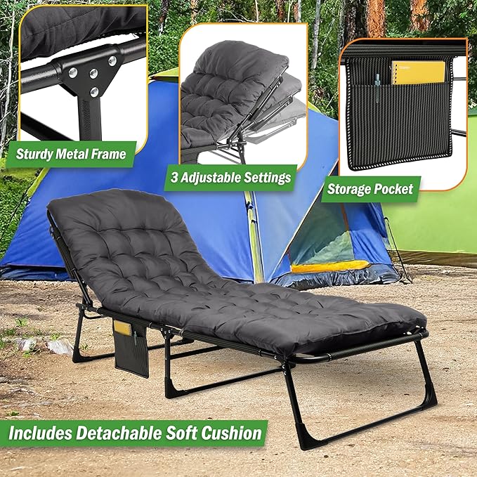 Folding Camping Cot with Mattress for Adults up to 440lbs - Heavy Duty Foldable Bed with Removable Cot Mattress and 3 Recline Positions for Travel, Camp, Beach or Guest Bed by Wakeman Outdoors (Gray)