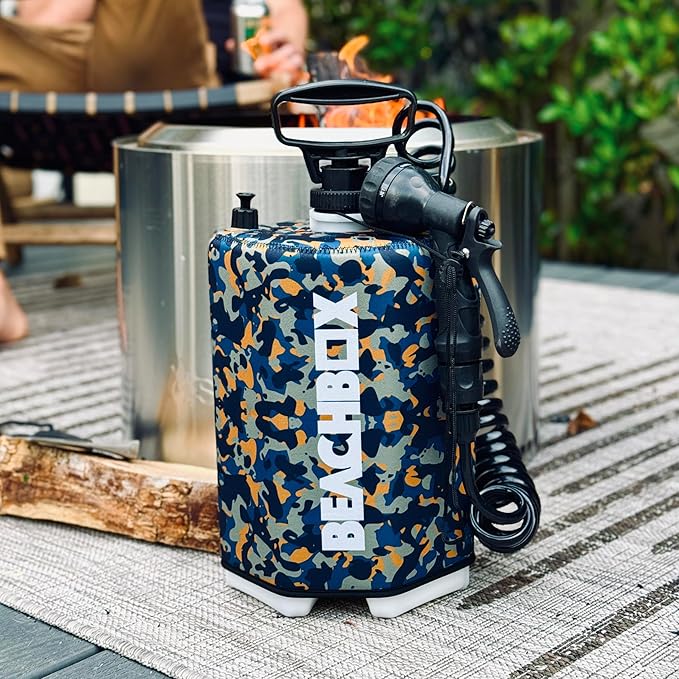 BeachBox Portable Shower Tank – Insulated Hot & Cold Water Tank for Camping, Beach, & Outdoor Adventures – 1.3 Gal Capacity – Multi-Spray Shower Gun – Easy Fill & Carry