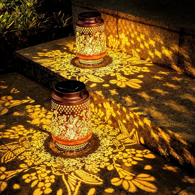 Boho Solar Lanterns Outdoor 2 Pack - Birthday Gifts for Women Mom Grandma Metal Hanging Solar Powered Unique Garden Decorative LED Lights (Fengming)