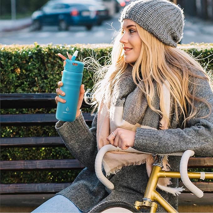 IDEUS Insulated Stainless Steel Water Bottle with 2 Leak-Proof Lids, Thermal Water Flask for Hiking Biking, 24oz, Blue Atoll