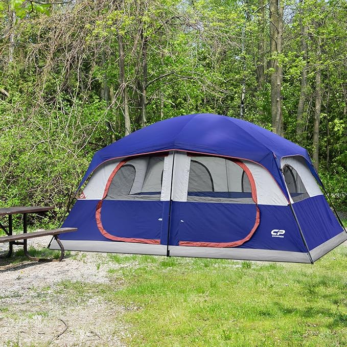 CAMPROS CP Camping Tent 10 Person Family Cabin Tent, 2 Room Water Resistant Waterproof Tent with Top Rainfly, 4 Large Mesh Windows, Double Layer, Easy Set Up, Portable with Carry Bag, 16ft x 9ft x72in