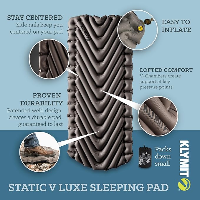 Klymit Static V Luxe and Static V Inflatable Sleeping Pads Bundle with V-Shaped Design for Comfortable Camping