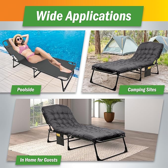 Folding Camping Cot with Mattress for Adults up to 440lbs - Heavy Duty Foldable Bed with Removable Cot Mattress and 3 Recline Positions for Travel, Camp, Beach or Guest Bed by Wakeman Outdoors (Gray)