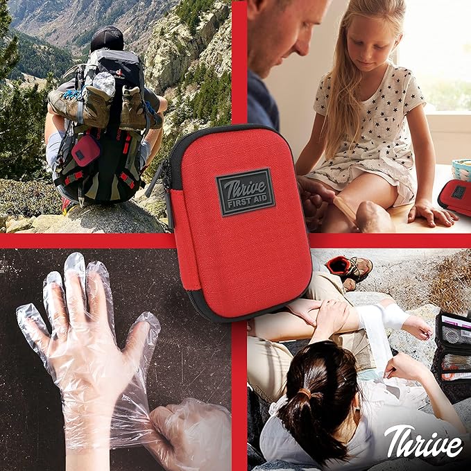 Thrive Travel Essentials Mini First Aid Kit - 66-Piece, Red Shell Case - Hiking, Camping & Cruise Essentials - Mini Medicine Kit