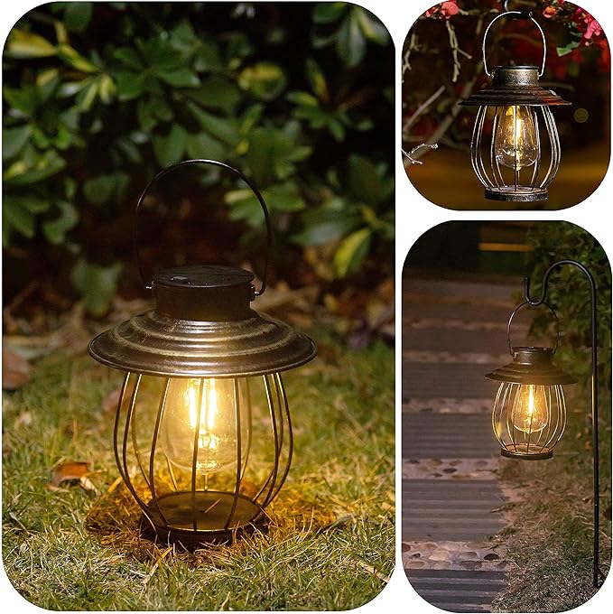 Solar Lanterns Outdoor Waterproof - Outdoor Hanging Lantern with Shepherds Hook, Garden Solar Lights Decorative Gifts for Women Mom Grandma, Lanterns Decorative Outdoor for Yard Patio Backyard Porch