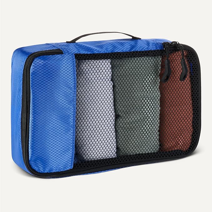 Amazon Essentials 4-Piece Packing Cubes Travel Accessories Set, Luggage Organizer with Double Zipper, Mesh Top, 100% Polyester, Small/Medium/Large/Slim, Blue (Previously Amazon Basics)