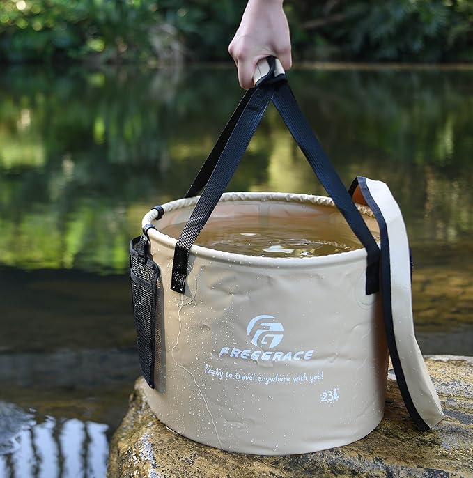Premium Collapsible Bucket by Freegrace - Compact Portable Folding Water Container - Lightweight & Durable - Includes Handy Tool Mesh Pocket
