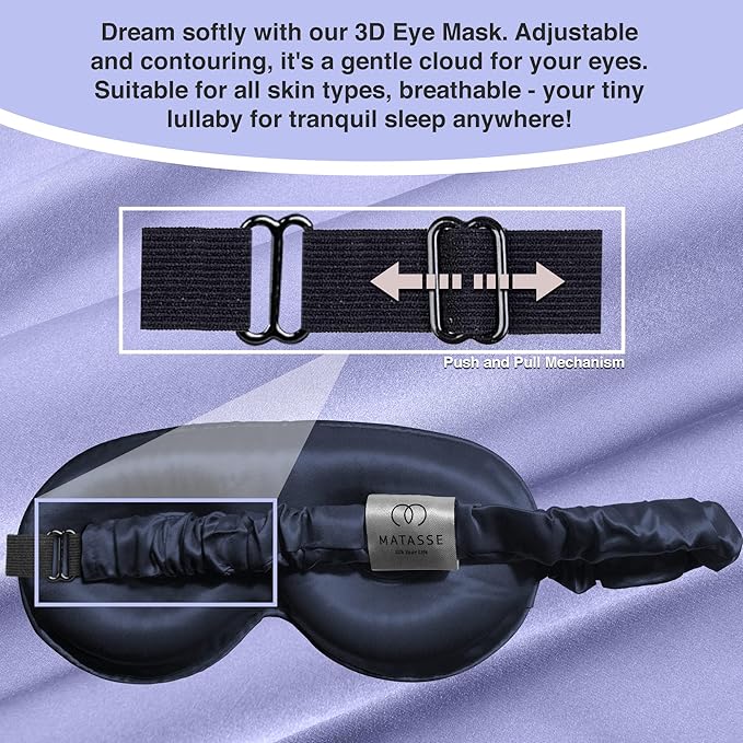MATASSE Silk Eye Mask for Sleeping with Adjustable Elastic Band - 3D Contoured, Eye Cover Sleep Mask w/Genuine Mulberry Silk Including The Strap for Women, Men (Black)