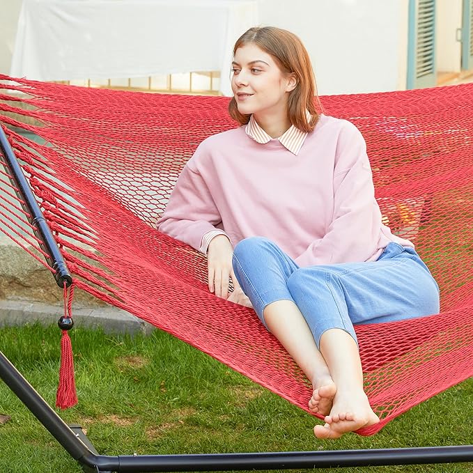 PNAEUT Soft-Spun Polyester Rope Double Hammocks with Stand for Outside, 2 Person Heavy Duty Steel Stand, Max 475 lbs Capacity (Ruby, with Stand)