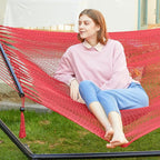 PNAEUT Soft-Spun Polyester Rope Double Hammocks with Stand for Outside, 2 Person Heavy Duty Steel Stand, Max 475 lbs Capacity (Ruby, with Stand)