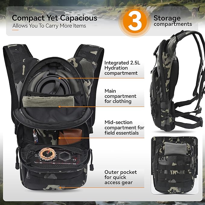MARCHWAY Tactical Molle Hydration Pack with 2.5L TPU Water Bladder, Compact Yet Spacious Military Backpack for Hiking, Cycling, Backpacking, Hunting, Running